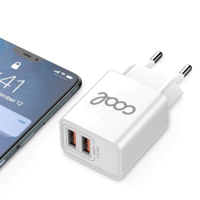 Carregador de parede branco com duas portas USB ao lado de smartphone cinzento