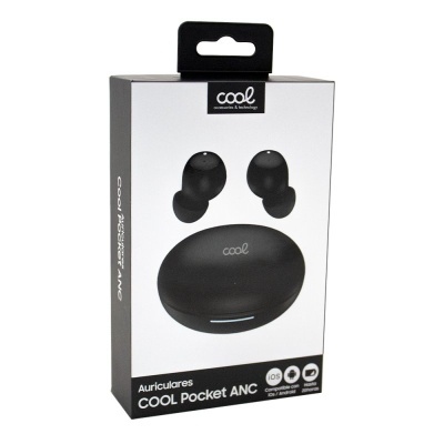Caixa de auriculares sem fios COOL Pocket ANC preta com texto e ícones no fundo branco