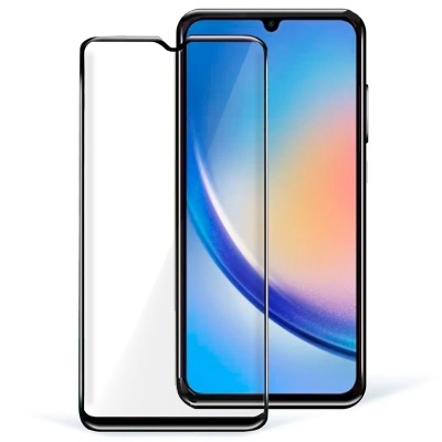 Protector de ecrã de vidro temperado transparente com bordas pretas para smartphone ao lado de telemóvel com ecrã colorido