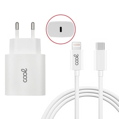 Carregador de parede e cabo USB-C para Lightning branco com a marca 'cool'