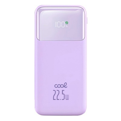 Carregador portátil roxo com ecrã digital e texto cool 22.5W