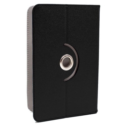 Capa protetora preta para tablet com bordas cinza e orifício metálico
