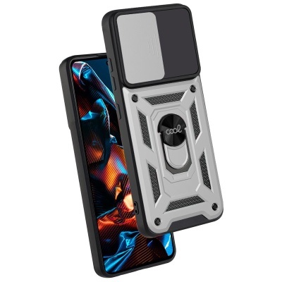 Capa resistente para smartphone cinzenta com anel de suporte e tampa deslizante