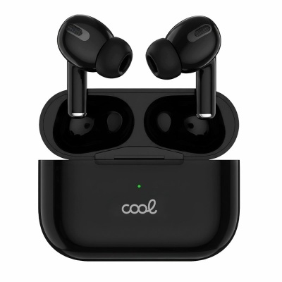Auriculares sem fios pretos com estojo de carregamento e texto cool