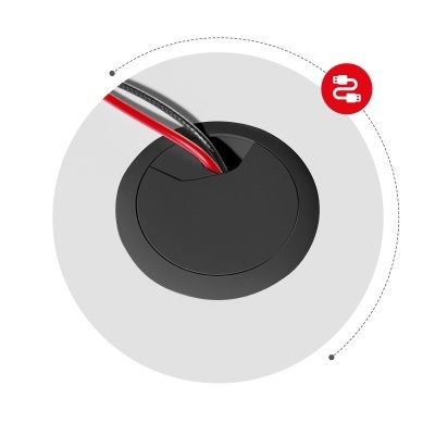 Tampa redonda preta com passagem de cabos vermelho e preto