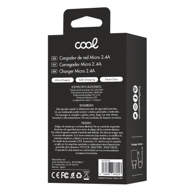 Embalagem preta de carregador micro USB 2.4A da marca cool com texto detalhado