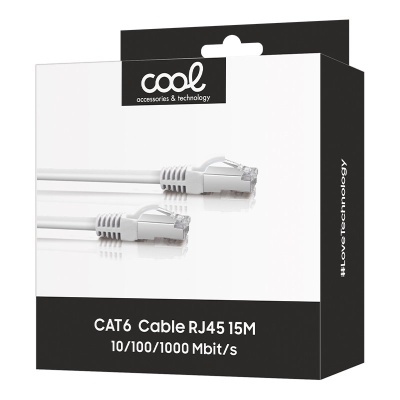 Embalagem de cabo de rede CAT6 RJ45 15 metros preto e branco com texto informativo.