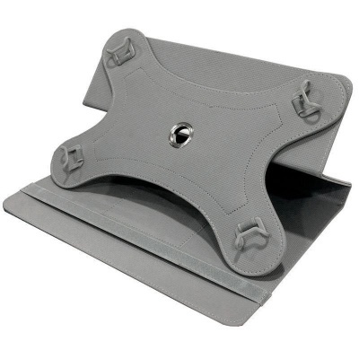 Suporte cinzento para tablet com textura e presilhas nos cantos