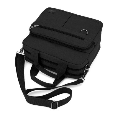 Bolsa preta para portátil com alça ajustável e bolso frontal com fecho