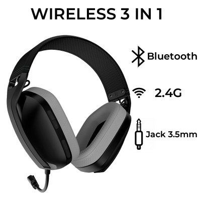 Auriculares wireless 3 em 1 preto e cinza com microfone e ícones de conectividade