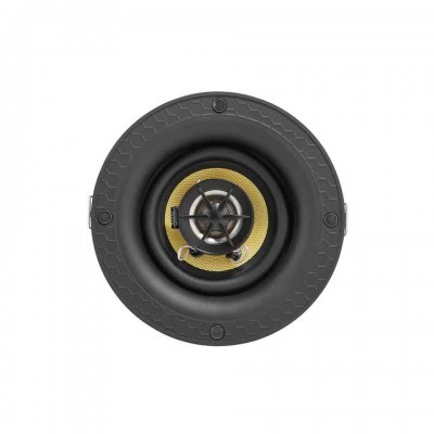 Coluna redonda preta com detalhes amarelos e grelha central em estrela