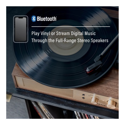 Gira-discos de madeira a tocar vinil preto com texto Bluetooth e reprodução de música digital