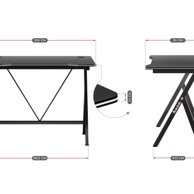 Secretária preta com tampo texturizado e estrutura metálica vista de frente e lateral