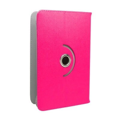Capa rosa para tablet com suporte circular metálico e orifício meia-lua
