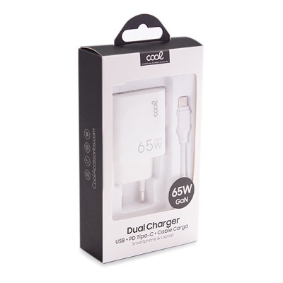 Carregador dual branco Cool 65W GaN em embalagem preta e branca
