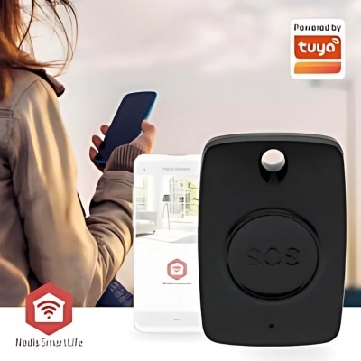 Dispositivo de alarme preto com botão SOS e smartphone ao fundo