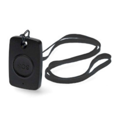 Dispositivo preto retangular com botão SOS e cordão preto em fundo branco