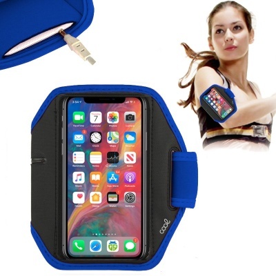 Suporte de braço azul e preto para smartphone com visor transparente