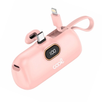 Power bank portátil rosa com visor digital e conectores USB