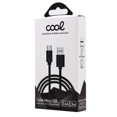 Embalagem branca e preta de cabo Micro USB da marca Cool com 2.4A e 1.2m de comprimento