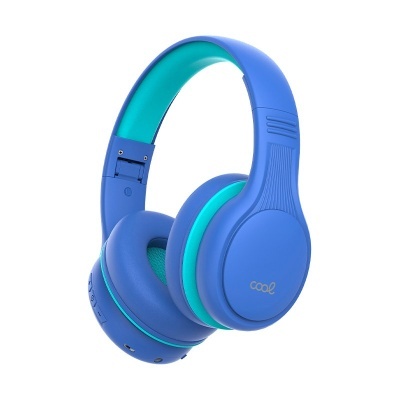 Auriculares Bluetooth azuis com detalhes verdes e palavra 'cool'