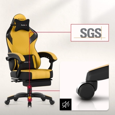 Cadeira de escritório ergonómica amarela e preta com rodas silenciosas.