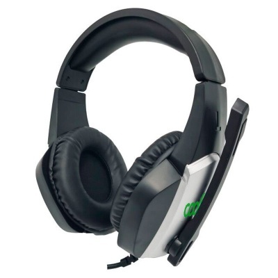 Auriculares preto e cinzento com microfone e texto verde