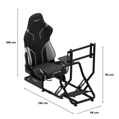 Simulador de condução com cadeira preta e cinzenta e estrutura metálica preta