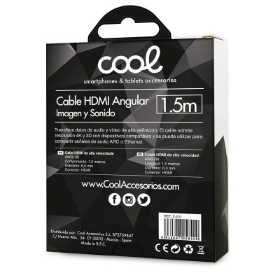 Embalagem preta de cabo HDMI angular para smartphones e tablets com texto branco