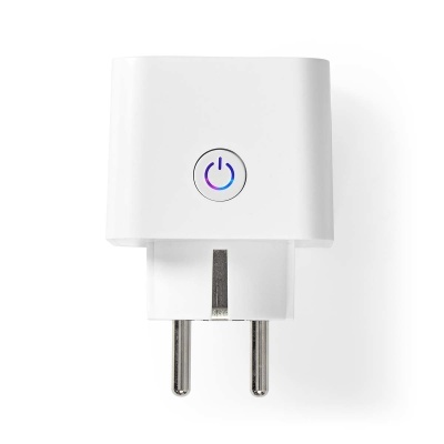 Adaptador elétrico branco com botão power e ficha europeia