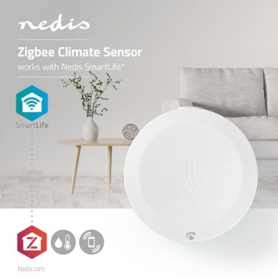 Sensor climático branco circular Nedis com ícone de termômetro em ambiente interior com sofá e mesa