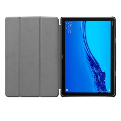 Tablet com capa cinzenta aberta mostrando ecrã azul e hora 08:08