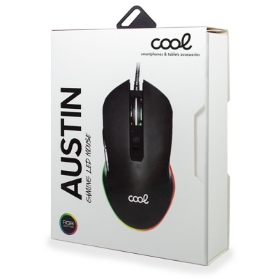 Caixa branca com imagem de rato de computador preto com LED colorido e texto AUSTIN GAMING LED MOUSE
