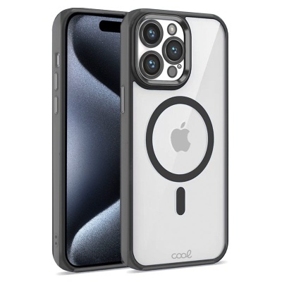 Capa transparente com bordas pretas para smartphone com ícone Apple e três câmaras.