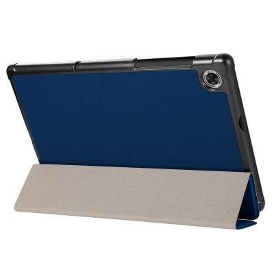 Tablet com capa azul e suporte cinza claro