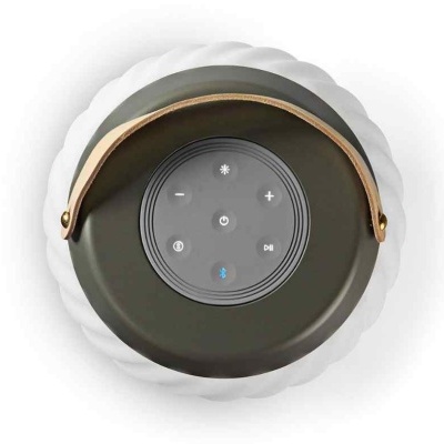 Coluna portátil verde com alça de couro e botões tácteis