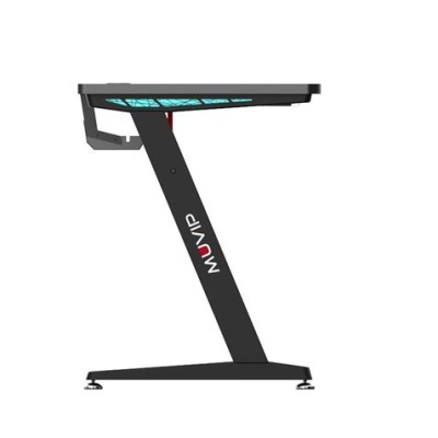 Mesa preta para computador com detalhes azuis e logo MUVIP na perna