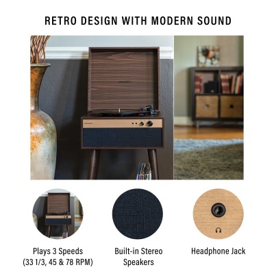 Gira-discos retro de madeira com colunas integradas e entrada para auscultadores