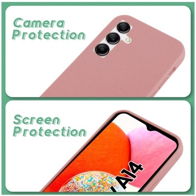 Telemóvel Samsung Galaxy A14 com capa rosa e proteções para câmara e ecrã