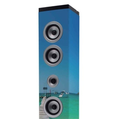 Coluna de som com imagem de mar e barco impressa