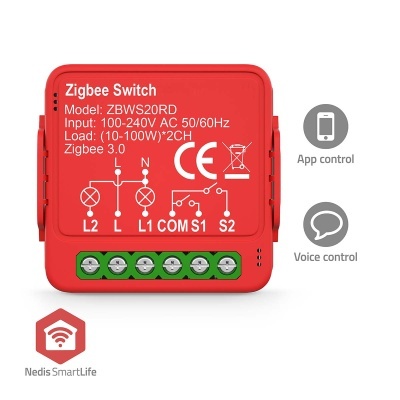 Interruptor Zigbee vermelho com texto branco e ligações elétricas desenhadas