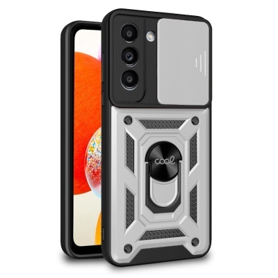 Capa de telemóvel cinzenta com suporte circular e telemóvel com ecrã branco