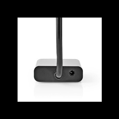 Dispositivo eletrónico preto com cabo e dois conectores numa superfície branca