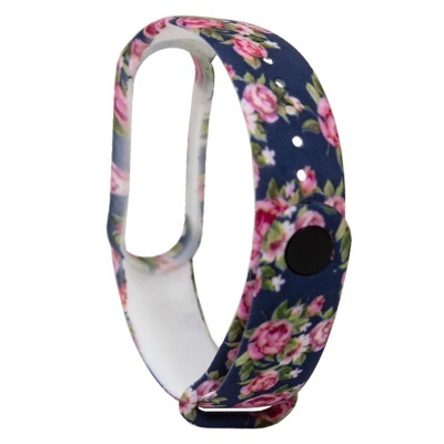 Pulseira de silicone azul escura com padrão floral rosa