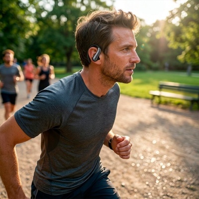 Homem a correr com auricular preto e roupa desportiva cinza escura no parque