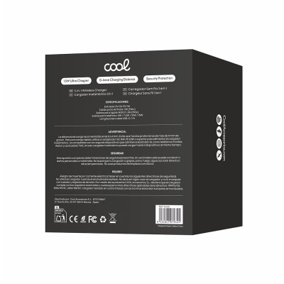 Embalagem preta de carregador sem fios 3 em 1 Cool com texto e código de barras