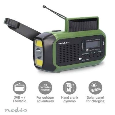 Rádio portátil de emergência verde e preto com painel solar e antena telescópica