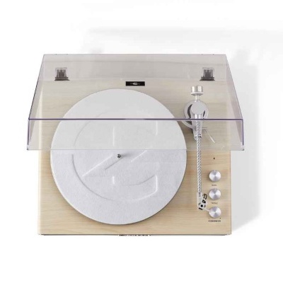 Toca-discos vintage com base de madeira e tampa transparente