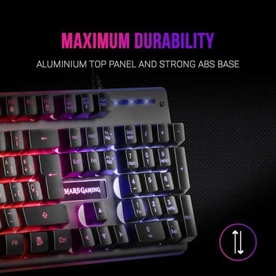 Teclado gaming preto com luzes RGB e painel superior em alumínio