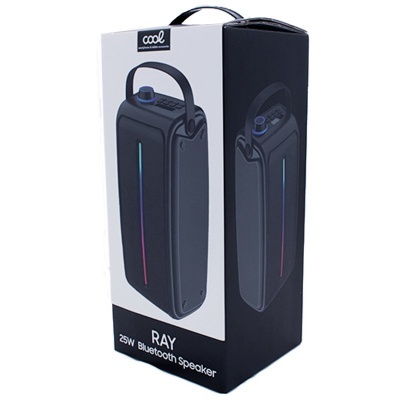 Caixa de altifalante Bluetooth RAY preto em embalagem preta e branca com texto